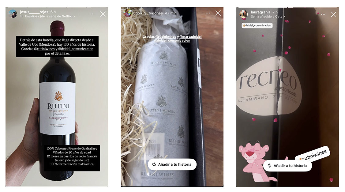Unboxing de vinos Rutini y Recreo. as imágenes muestran una serie de tres historias de Instagram relacionadas con el vino. La primera historia presenta una botella de vino tinto Rutini Single Vineyard Cabernet Franc, destacando que es 100% de Gualtallary con 12 meses de crianza en barrica, y agradece a las cuentas @rutiniwines y @deldel_comunicacion. La segunda historia muestra la misma botella envuelta en papel de la marca dentro de una caja de regalo. La tercera historia muestra otra caja de regalo, etiquetada como "recreo ALTAMIRANO", junto a un sticker de la Pantera Rosa, y también incluye las mismas etiquetas de usuario.
