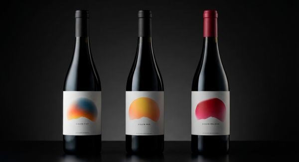 Tres botellas de vino Siguín con etiquetas de diseños minimalistas en colores azul, naranja y rosa, representando la gama de vinos de Madrid comercializada por Astorfoods